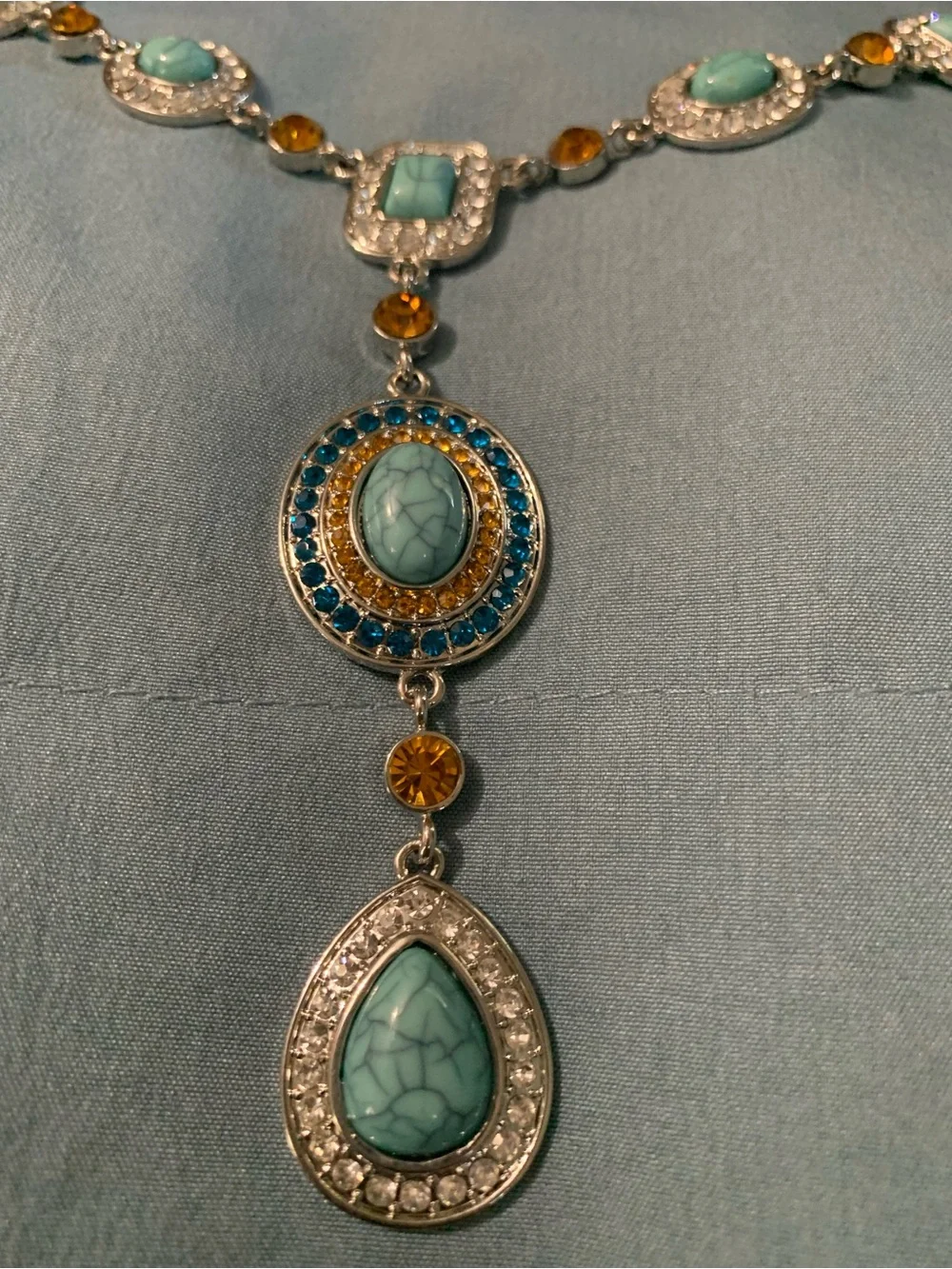 Turquoise and Amber Multi-Stone Statement Necklace with Silver-Tone Chain
